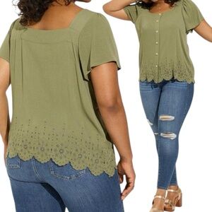 Torrid Olive Green Eyelet Blouse Square Neck Short Sleeve Plus Size 6 Womens Top